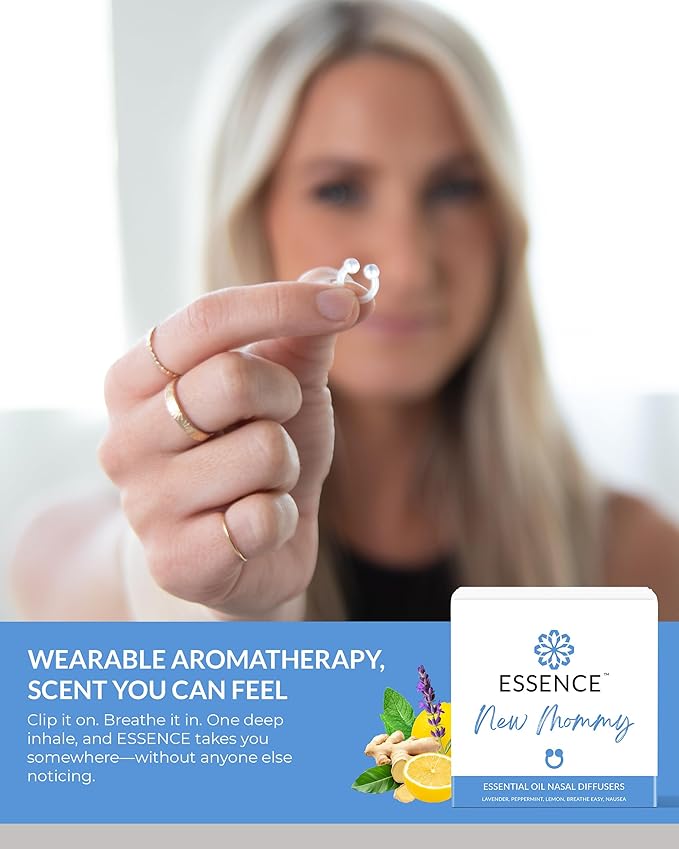 Essence Nasal Diffuser New Mommy Bundle – Essential Oil Silicone Nose Rings for Morning Sickness & Motion Sickness Support – Wearable Blends Pack for Pregnancy & Travel