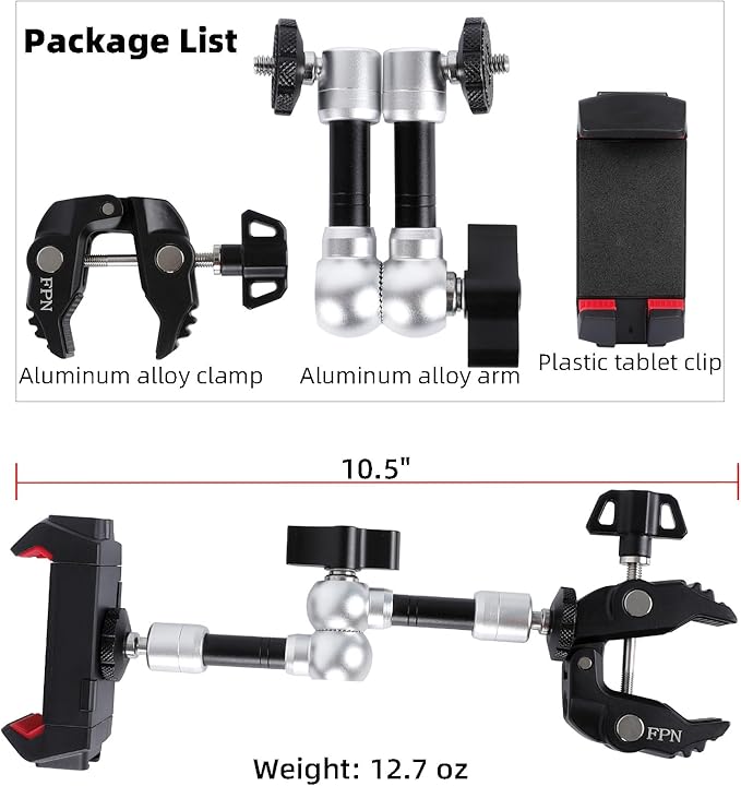 Tablet Holder for Microphone Stand, Aluminum Mic Music Stand Mount for iPad and iPhone, Adjustable Tablet Holder with Super Handle Clamp Compatible with 4.7 to 13 inch Tablets & Phones