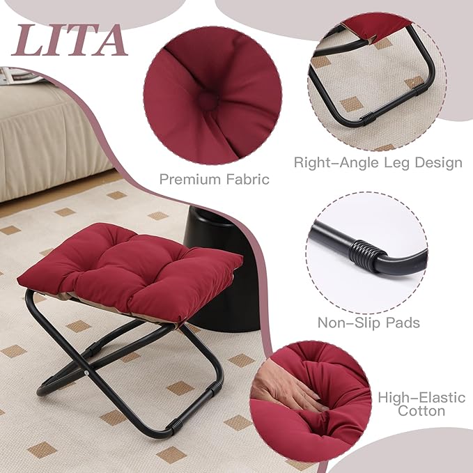 LITA Folding Footrest Stool, Portable Ottoman Foot Rest, Upholstered Small Foldable Ottoman Stool with Detachable Thick Cotton Cushion Padded Sofa Stool for Living Room, Bedroom, Burgundy