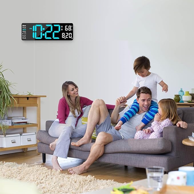 Digital Clock, Digital Wall Clock for Living Room Decor, Desk Alarm Clock for Bedroom, Large Wall Clock with Remote Control, Automatic Brightness Dimmer LED Clock with Date Temperature Week (Blue-B)