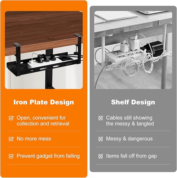 16.5" Under Desk Cable Management Tray - Metal Cord Organizer with Heavy-Duty Clamp, No Drilling, Workspace Organizer for Office/Home (Black)