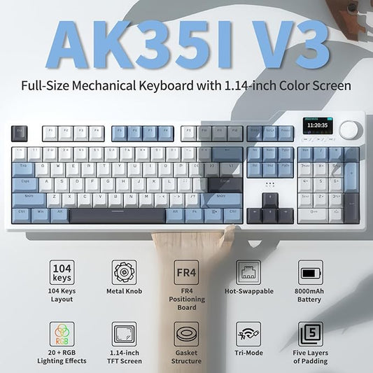 DAIDAI×AJAZZ AK35I V3 Full Size Hot Swap Mechanical Gaming Keyboard with Screen & Knob 2.4G/BT/USB-C Gasket Keyboard FR4 Plate 8000mAh Battery South Facing LED RGB (Avocado Axis)