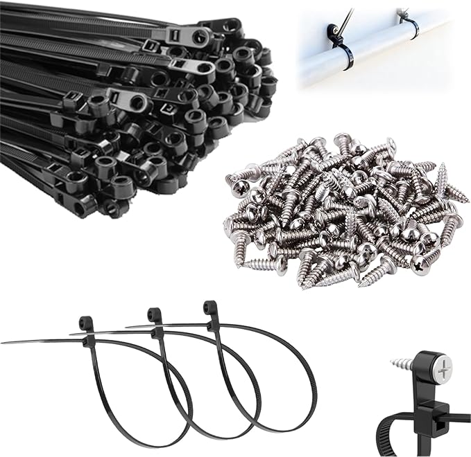 100 PCS Nylon Universal Cable Tie Buckle, Zip Ties With Screw Hole, with 50 PCS Screw Hole 75 lbs Mountable head Cable management Ties for Indoor & Outdoor Use