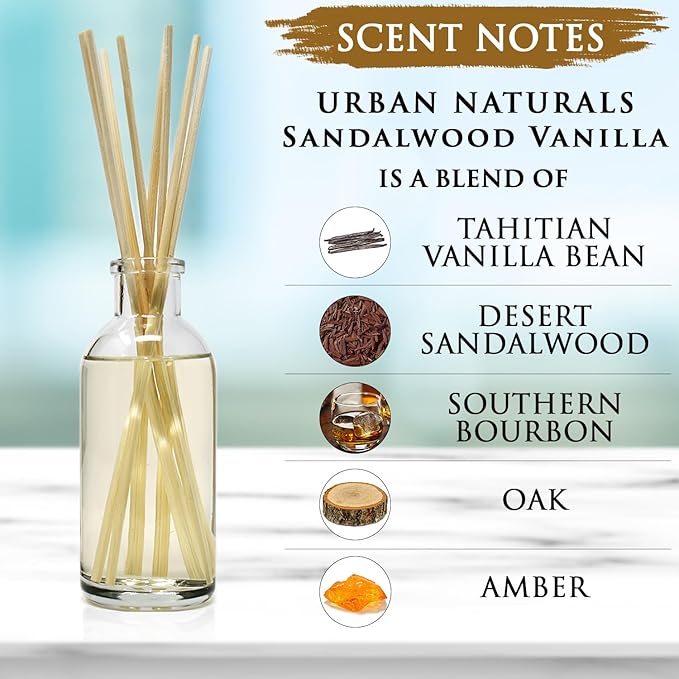Urban Naturals Sandalwood & Vanilla Reed Diffuser Oil Gift Set | Tahitian Vanilla intermeshes & Desert Sandalwood Mingle to Create a Southern Bourbon Scent! | Great Idea