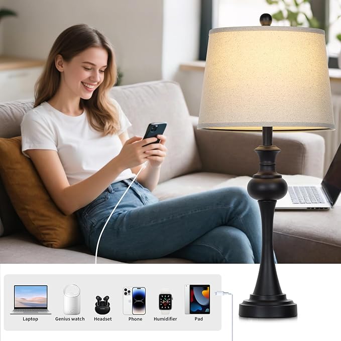 28.75" Black Modern Table Lamps for Living Room, Bedside Lamp with USB A+C Ports & AC Outlets, 3 Way Dimmable Touch Lamps for Living Room,Nightstand Lamp LED Bulb Included (1Pack