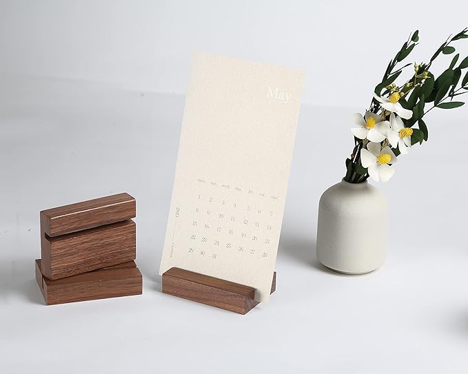 UNIQOOO 3.5" Walnut Wood Stand for Monthly Desk Calendar, Wooden Block Base, Cardstock Holder, For Office Home Retail Reception Decor, Photo Display, 2 Pack