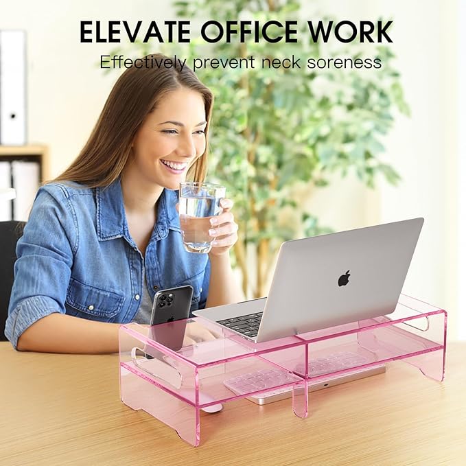 Pink Acrylic Monitor Stand Riser, 2-Tier computer stand with Storage, clear monitor stand for desk Suitable for laptops, printers, TV,desk organization With phone holder