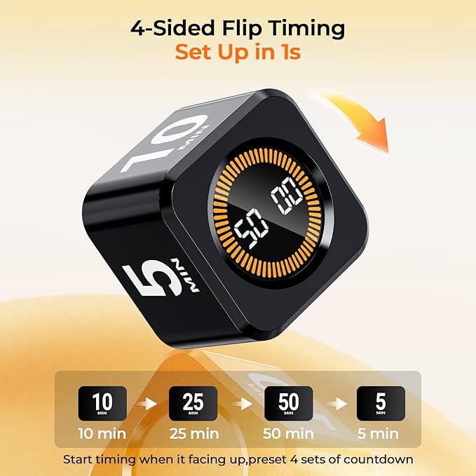 EooCoo Pomodoro Timer Cube, Visual Focus Timer with Gravity, Countdown 5/10/25/50 Min, Adjustable Silent, Rechargeable Productivity Tool for Office, Kitchen, Gym, Yoga, Meditation, Classroom