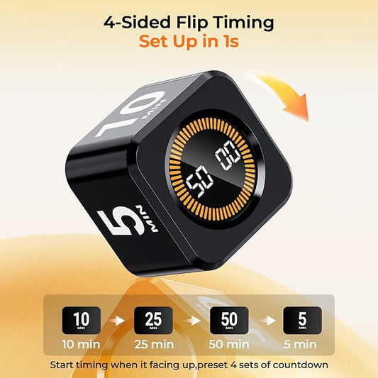 EooCoo Pomodoro Timer Cube, Visual Focus Timer with Gravity, Countdown 5/10/25/50 Min, Adjustable Silent, Rechargeable Productivity Tool for Office, Kitchen, Gym, Yoga, Meditation, Classroom