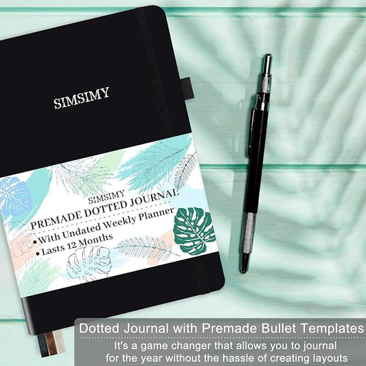 Premade Bullet Dotted Journal with Undated Weekly Monthly Planner, Pre-made Dot Grid Journaling Aesthetic Notebook for Goals Gratitude Budget Exercise Habits Mood Sleep Tracker - 12 Month