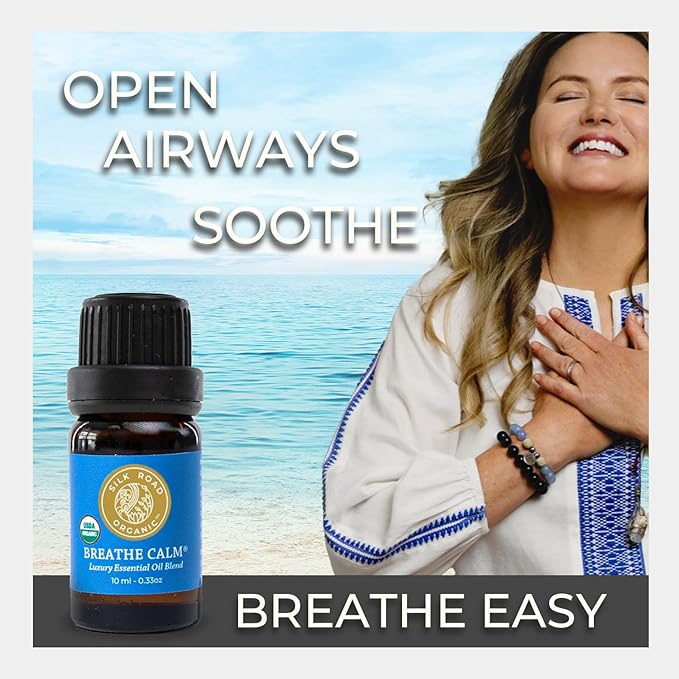 Silk Road Organic Breathe Calm Essential Oil Breathe Easy Blend, 100% Pure USDA Certified Aromatherapy for Cold, Cough, Congestion, Allergy Relief, & Wellness - 10 ml Dropper