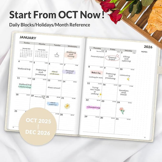 SUNEE 2026 Weekly & Monthly Hardcover Planner 5.5" x 8.3" - 12 Month (January 2026 - December 2026), Small Hardcover Planner, Pocket, Notes, 100 GSM Paper, Beige