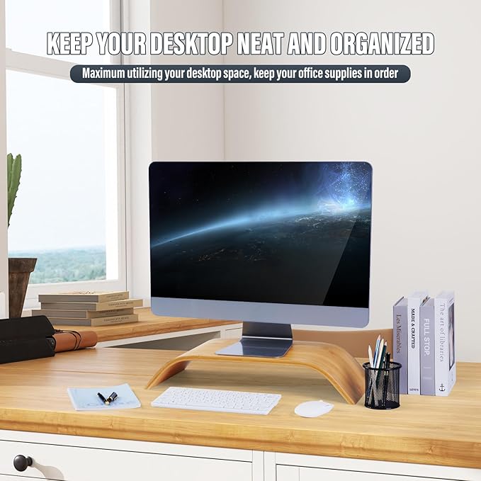 21in Large Single Monitor Stand,Desk Shelf Monitor Stand Ergonomic Height,Premium Natural Bamboo Wood Computer Stand Monitor Riser for Your Desktop,PC, Printer, Computer,Laptop,No Assembly Required