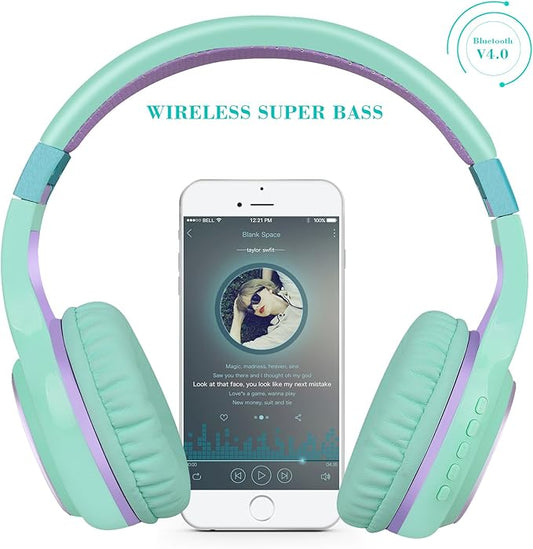 Riwbox Bluetooth Headphones, XBT-80 Folding Stereo Wireless Bluetooth Headphones Over Ear with Microphone and Volume Control, Wireless and Wired Headset for PC/Cell Phones/TV/Gym (Purple Green)