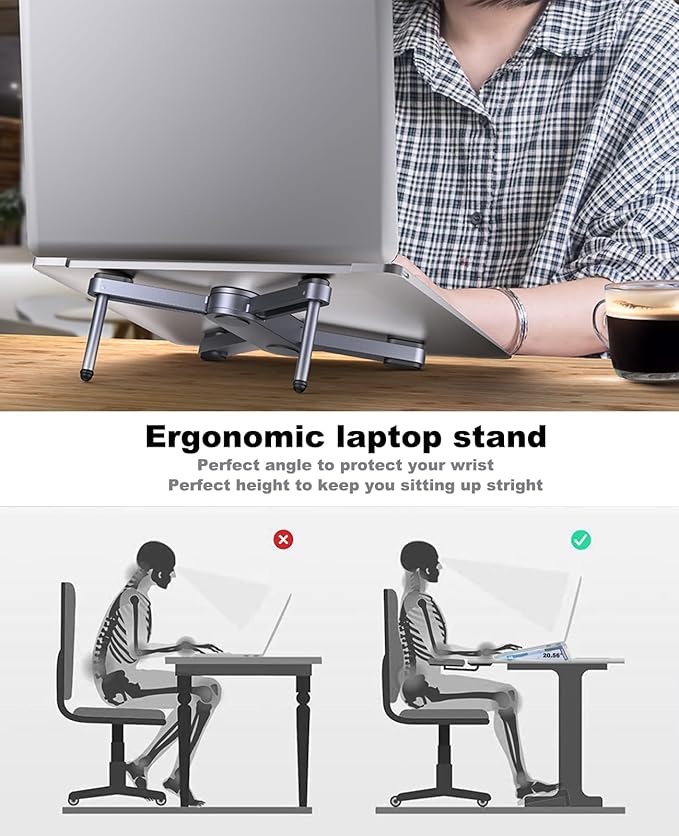 New Concept Laptop Stand - Adjustable Ergonomic Aluminum Riser for MacBook Pro/Air up to 15.6” - Foldable & Portable Computer Stand for Desk, Students, Office, Travel, Gaming - Gray