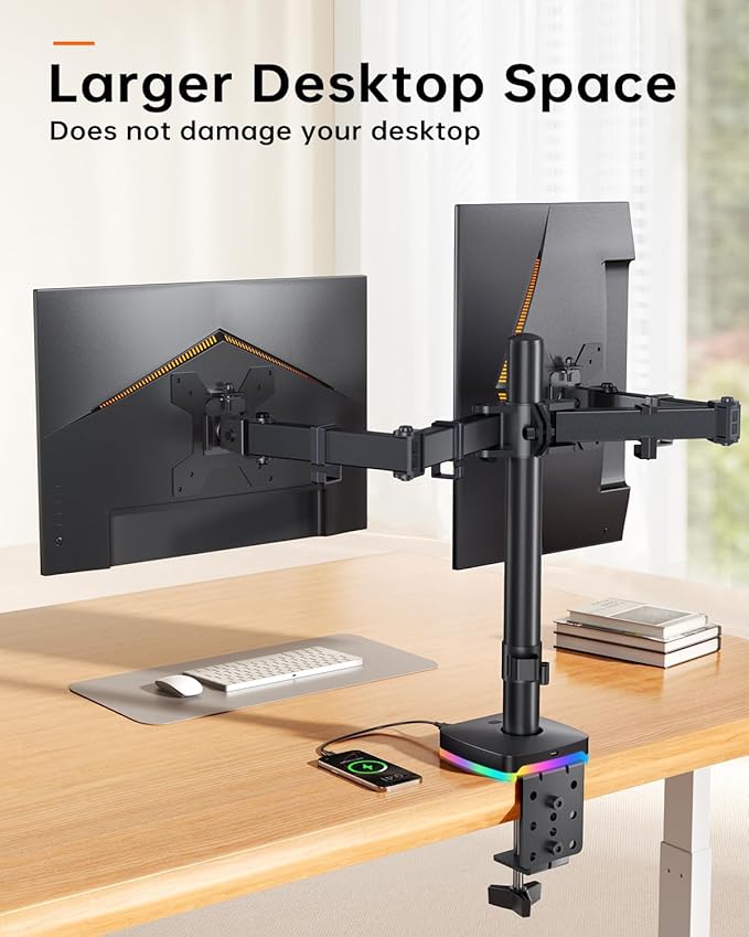 RGB Dual Monitor Stand for 2 Screens Fully Adjustable Monitor Desk Mount Sturdy Stepped Arm Design up to 17.6lbs Desk Mount with RGB USB & USB-C High Speed Data Transfer C-Clamp 75x75/100x100 VESA