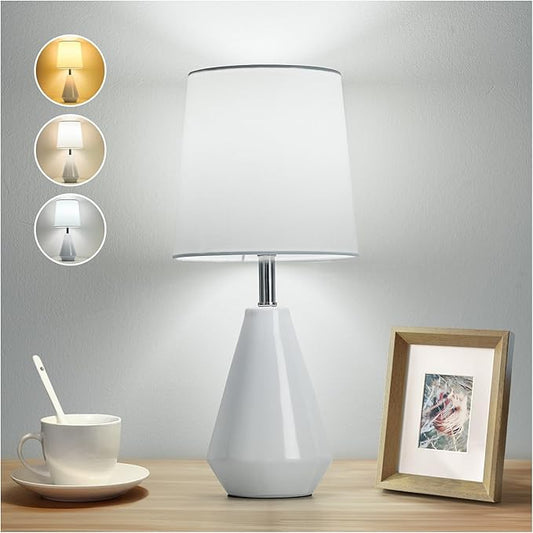 Small Bedside Table Lamp for Bedroom - Reading Desk Lamp with 3 Color Temperatures,15.5" Nightstand Ceramic Lamp with Fabric Shade for Kids Room,Living Room,Dorm,Home Office (White)