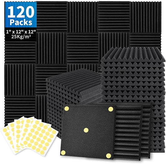 120 Pack Acoustic Foam Panels 1" x 12" x 12" Sound Proof Foam Panels Soundproofing Noise Cancelling Wedge Panels for Home Office Recoding Studio with 600 PCS Double-Side Adhesive