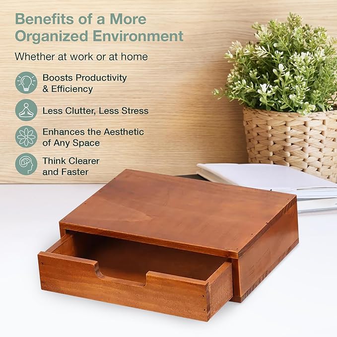 Single Drawer Desktop Storage Organizer in a Modern Wood Design (9.8”x6.9”x 2.8”) Wooden Stackable Drawer Unit - Single Monitor Riser (1-Pack)