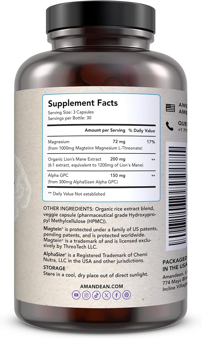 AMANDEAN Brain Supplement. Nootropic Cognitive Support for Memory, Focus, Clarity. Magnesium L-Threonate (Magtein), Lion's Mane Mushroom Extract, Alpha GPC Choline Complex. 90 Veggie Capsules.