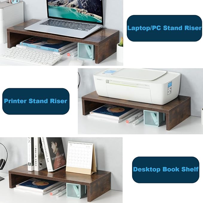 TEAMIX 20 Inch Monitor Stand Riser, Wooden Desktop Riser for TV/PC/Laptop/Printer, Rustic Brown Monitor Riser with Storage, Computer Stand Keyboard Organizer