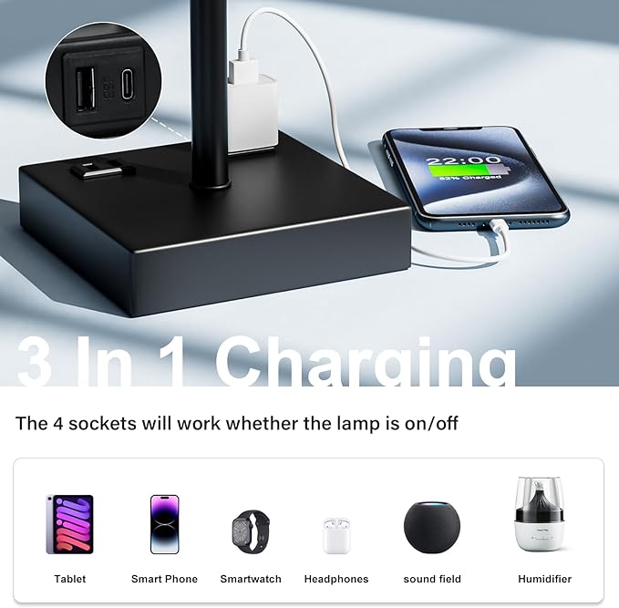 Table Lamps for Bedroom Set of 2 Nightstand - 17.4In Tall, 3 Color Bedside Lamps with AC Outlets and USB A & C for Charging, Square Night Stand light Lamp, End Table Lamp for Living Room/Dorm/Office