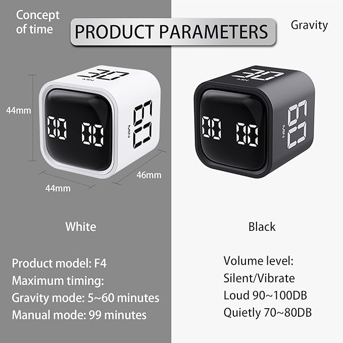 VEWINGL Cube Productivity Timer, 5/10/30/60 Min Presets + Custom Countdown, Silent/Vibrate/Sound Alarm, Pause & Resume, Desk Timer for Work, Study, Tasks, Kitchen