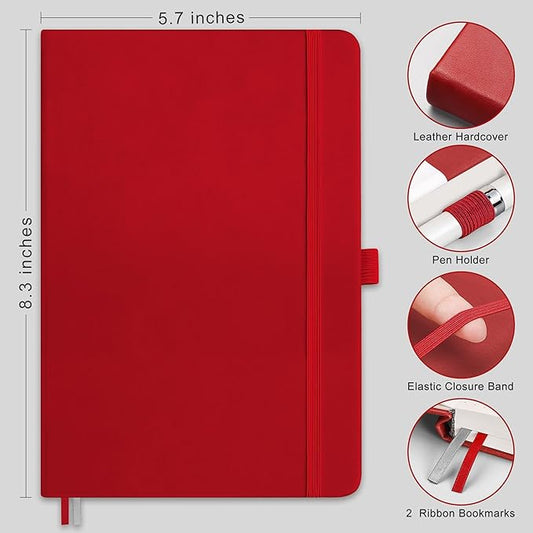RETTACY Bullet Dotted Journal Notebook, 256 Pages, A5 Medium Size (5.7'' × 8.3''), Leather Hardcover, 120 GSM Thick Paper, for Bullet Journaling, Planning, Tracking (Red)