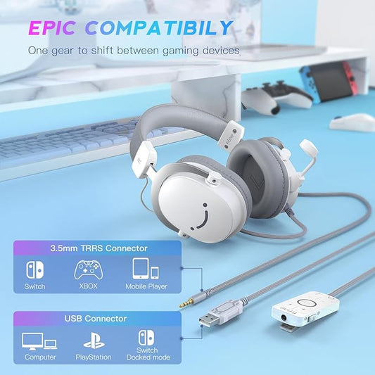 FIFINE USB PC Gaming Headset with 3.5mm Audio Jack, Detachable Microphone, 7.1 Surround Sound, Volume Control, Streaming Over-Ear Wired Headphones for Computer, PS5, Controller, Xbox-H9 White