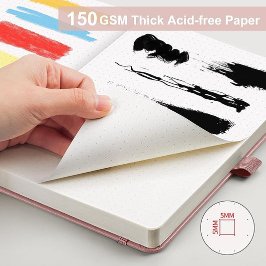 AHGXG Bullet Dotted Journal - 150 GSM Dot Grid Notebook Journal, Thick Acid-Free Paper, A5 Dotted Notebook 128 Pages, Leather Hardcover, Inner Pocket, Journal Stencil, 5.7'' × 8.3'' - Rose Gold
