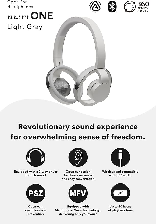 nwm ONE Wireless Open-Ear Headphones | Prevents Sound Leakage with PSZ Technology (Bone Conduction Alternative) | Bluetooth 5.3 | Multipoint | 20-Hour Battery Life with Microphone | Light Gray