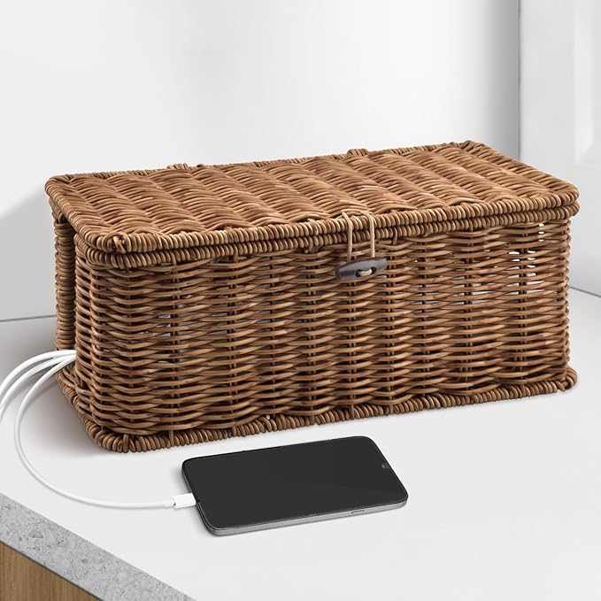 Handmade Cable Management Box – Stylish & Functional Cable Organizer with 2 Open Slots for Home & Office, TV Wires Computer Router USB Hub & Power Strip Rattan Cord Hider Box (Brown)