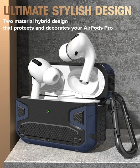 Koaichi Compatible with AirPods Pro(2nd Generation/1st Generation), Full-Body Rugged Hard Shell Protective Case Cover with Keychain Designed for AirPods Pro (2022/2019), Black/Blue