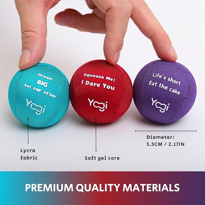Yogi Stress Ball with Finger Grip Strap ā Squeeze Ball for Anxiety Relief & Hand Therapy ā Grip Strength Trainer for Adults & Kids, Fidget Toy for Stress Relief, Squishy Sensory Ball
