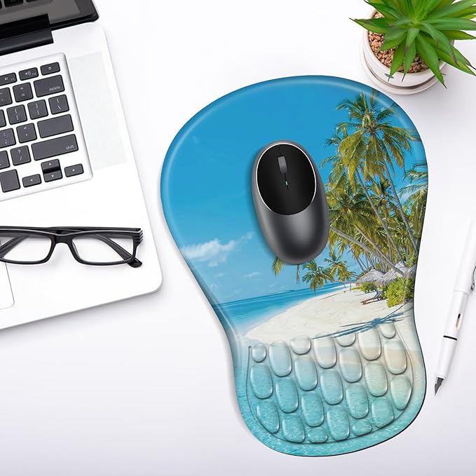 Ergonomic Mouse Pad with Wrist Rest Support, Mousepad with Comfortable Memory Foam Wrist Rest and Non-Slip PU Base for Pain Relief, Computer, Laptop, Office, Home (Beach-2)