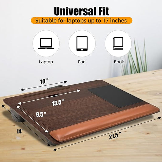 Adjustable Angle Laptop Tray with Leather Wrist Pad - Wooden Lap Desk with Cushion, Laptops Table for Couch,Bed, Fits Laptops Up to 17 Inches, Lap Laptop Desk with Mouse Pad, Brown