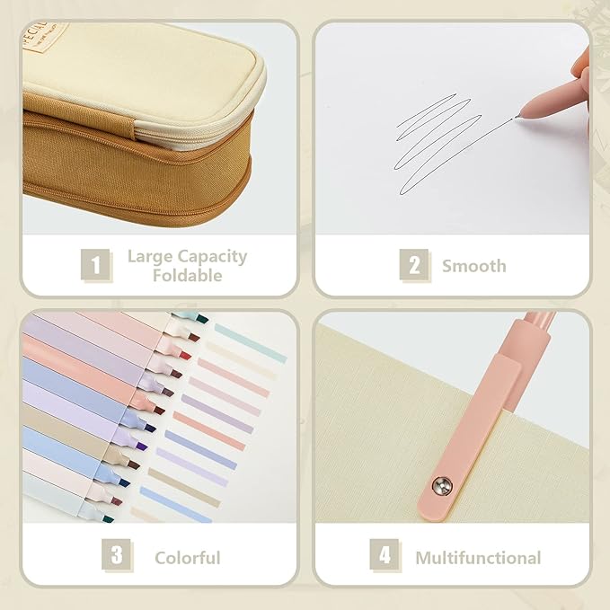 Henoyso 18 Set Aesthetic School Supplies Include Big Capacity Study Pen Bag with Zipper 12 Pcs Chisel Tip Bible Highlighters 5 Pcs Quick Dry Retractable Black Ink Pens for Student Office(Light Khaki)