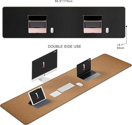 MAIDERN 66.9”x 19.6” Desk Pad, Large Desk Mat, Cork & Leather Large Mouse pad for Desk, Waterproof Computer Desk Pad for Gaming Home Office (Black) …