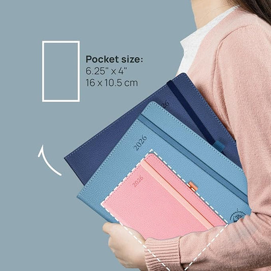 POPRUN Weekly Planner 2026 Calendar (Pocket 4'' x 6.25'') 12 Months Notebook with Horizontal Layout, Leather Hardcover, Inner Pocket, 100GSM Thick Paper, Pen Holder- Midnight Green