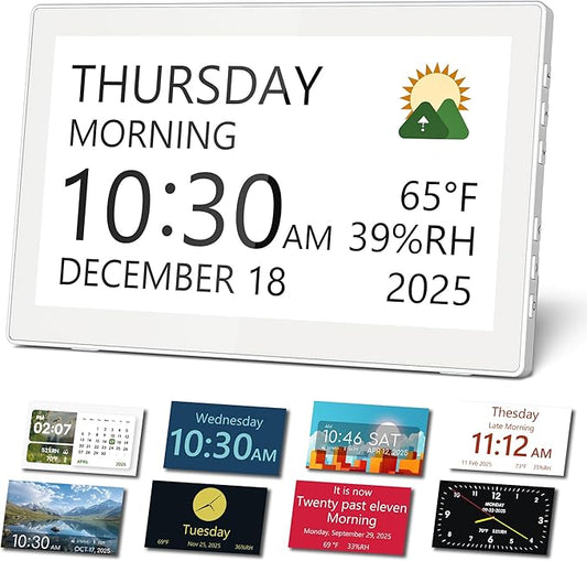 10.1" Digital Clock with Date and Day for Elderly, Digital Calendar with 12 Themes & 9 Colors, AutoDST, 23 Preset Schedules & Customizable, Auto Dimming, Indoor Temperature, Humidity, Easy to Use