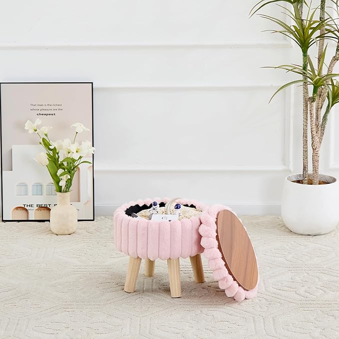 Wimarsbon Storage Ottoman,Soft Faux Fur Footstool with Padded Seat, Small Reading Vanity Chair, Footrest with Wood Tray for Couch, Mini Coffee Table or Display Stand (Pink, Round Storage)