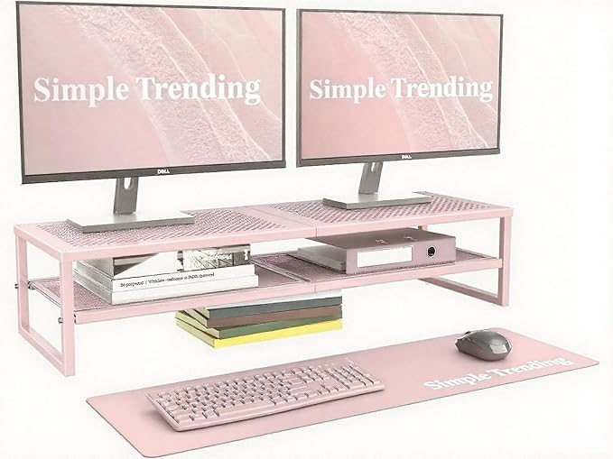 Simple Trending 2 Tier Metal Dual Monitor Stand Riser, Computer Office Desktop Organizer for 2 Monitors with 32"x10" Mouse Pad for Laptop, Printer, TV, Pink