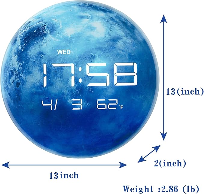 13" Digital Wall Clock with LED Display, Calendar & Temperature, Automatic Dimming, 12/24hr Format, Wall & Desk Use - HUI-7862