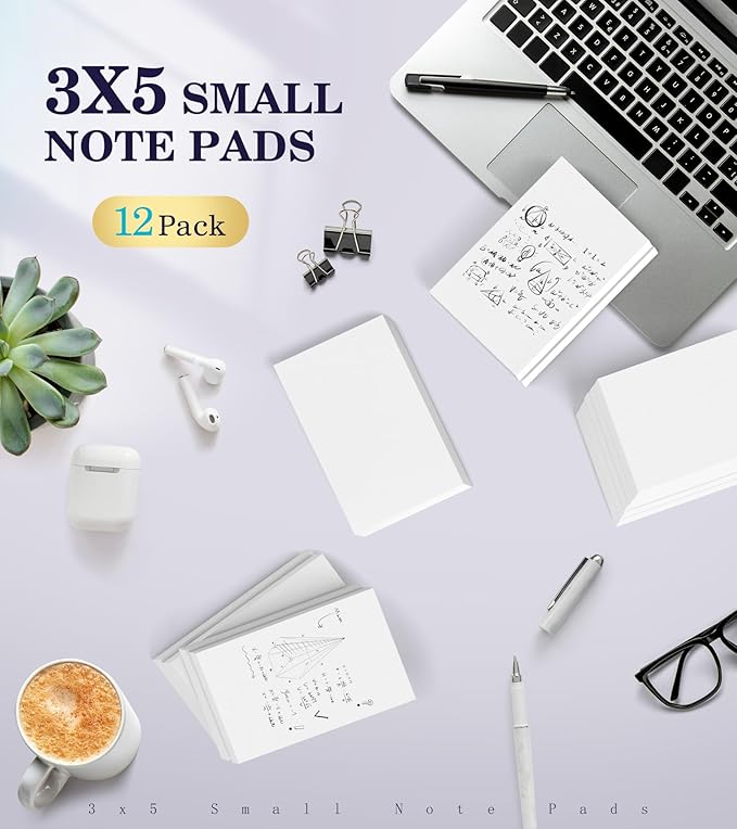 Note Pads 3x5 Small Memo Pads, 12 Pack Server Note Pads, Scratch Pads 3x5, Mini Note Pads White Paper 3x5'', 50 Sheets per Blank Note pads 3x5, Small Writing Pads 3X5 for Office School Home Supplies