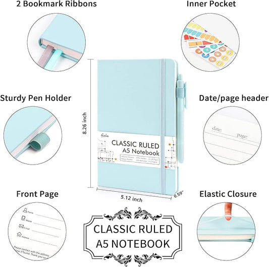 feela 12 Pack Notebooks Journals Bulk, Hardcover Notebook Classic Ruled Lined Journals with Pen Holder for Women Girls School Business Supplies, with 12 Black Pens, 120 GSM, 5.1”x8.3”, A5, Sky Blue