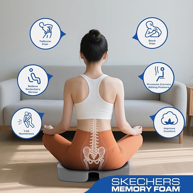 Skechers Memory Foam Seat Cushion,Ribbed Fabric Office Chair Cushion for Tailbone Pain Relief,Butt Pillow for Office Chair,Car Seat Cushion,Long Sitting Office Workers,and Car Drivers,Gray
