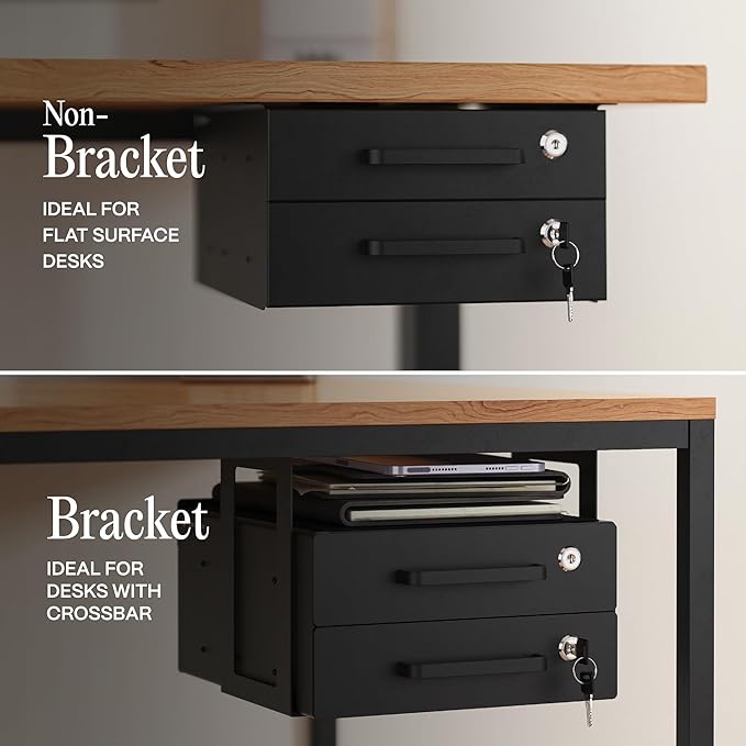 Under Desk Drawer Slide-Out – Lockable Metal Storage Drawers with Cable Management for Office & Home (Double, Bracketed)