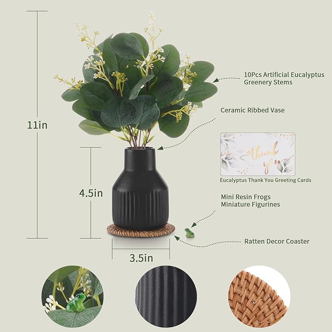 Artificial Eucalyptus Greenery Stems in Ceramic Vase,10Pcs Fake Plants Eucalyptus Leaves faux Plants for Centerpiece Table Decorations Home Room Decor office desk decor Greenery Decor indoor (Black)