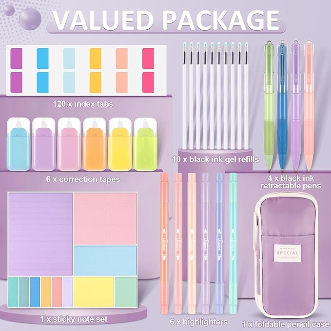 Janlaugh 38 Pcs Aesthetic College School Supplies with Pen Case Sticky Notes Gel Pens Highlighters Correction Tapes Back to School Stationery Kit(Candy Color,Cute)