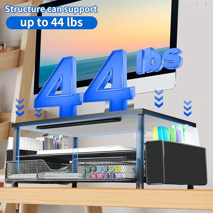 AUPSEN Wood Computer Monitor Stand Riser, 2-Tier Black Desk Organizer with Drawer, Pen Storage & Phone Holder ,Office Desk Accessories Desktop Organizer for Office Supplies